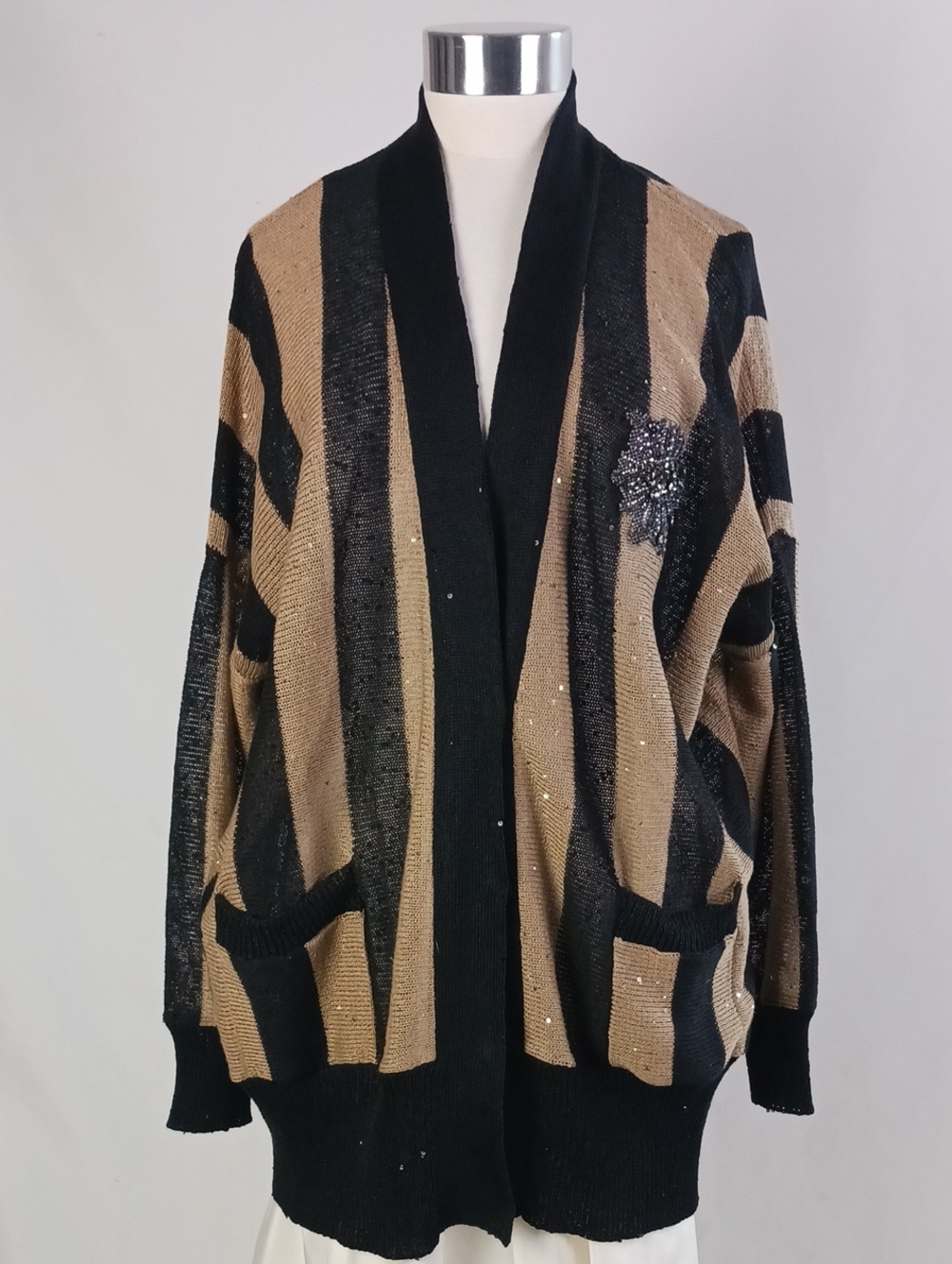BRUNO CUCINELLI BLK TAN SHIMMER STRIPED CARDIGAN